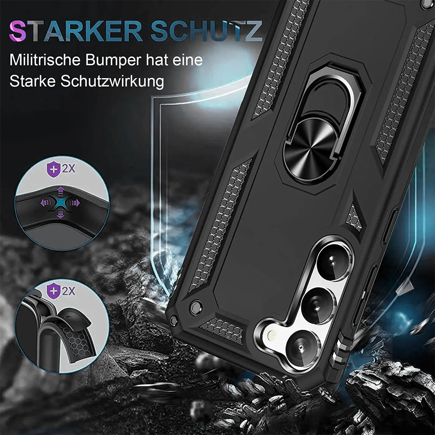 Schwarze Handyhülle aus Kunststoff mit Ringhalter, Samsung Galaxy S23, Nahaufnahme