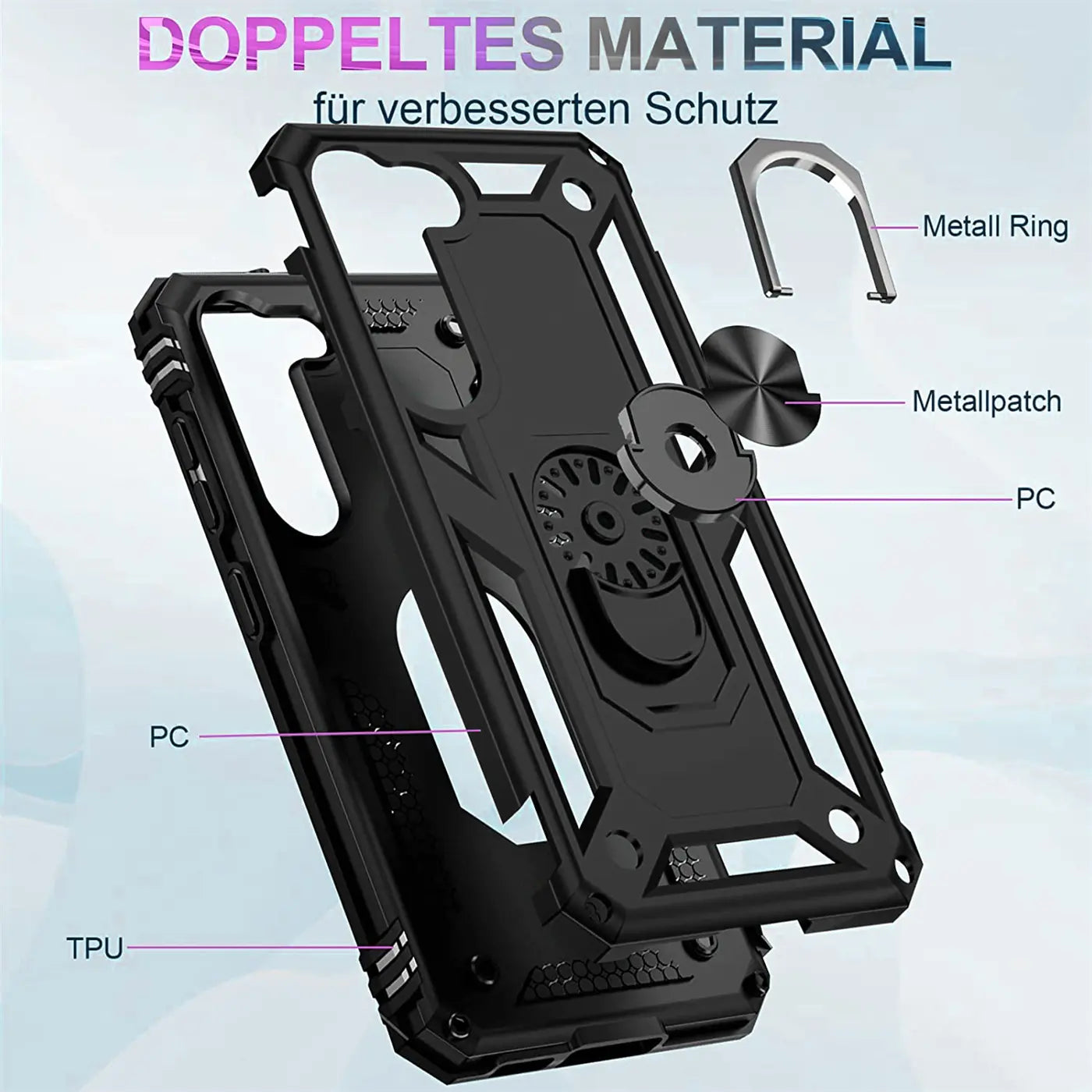 Schwarze Handyhülle aus PC/TPU mit Metallring und Metallpatch, Seitenansicht.