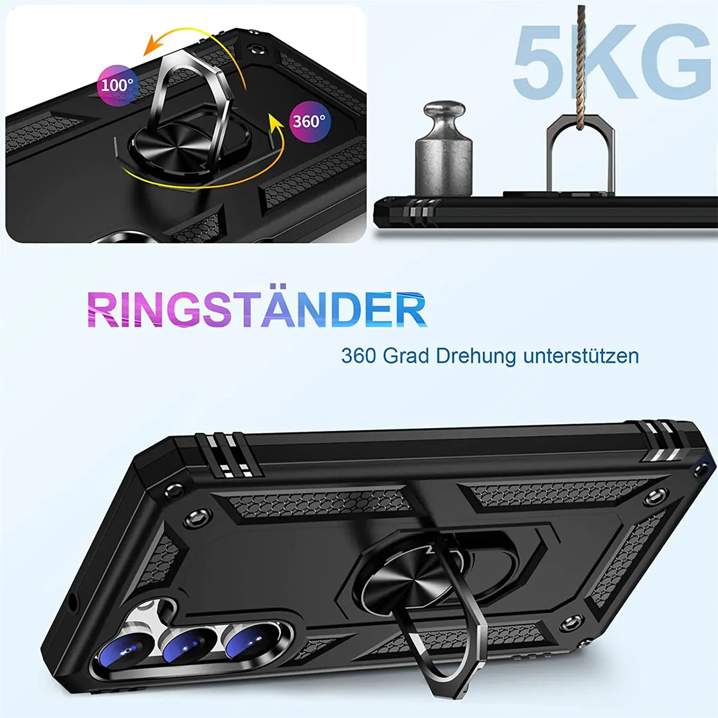 Schwarze Hülle mit Ringhalter für Samsung Galaxy S23, aus Kunststoff, Rückansicht.