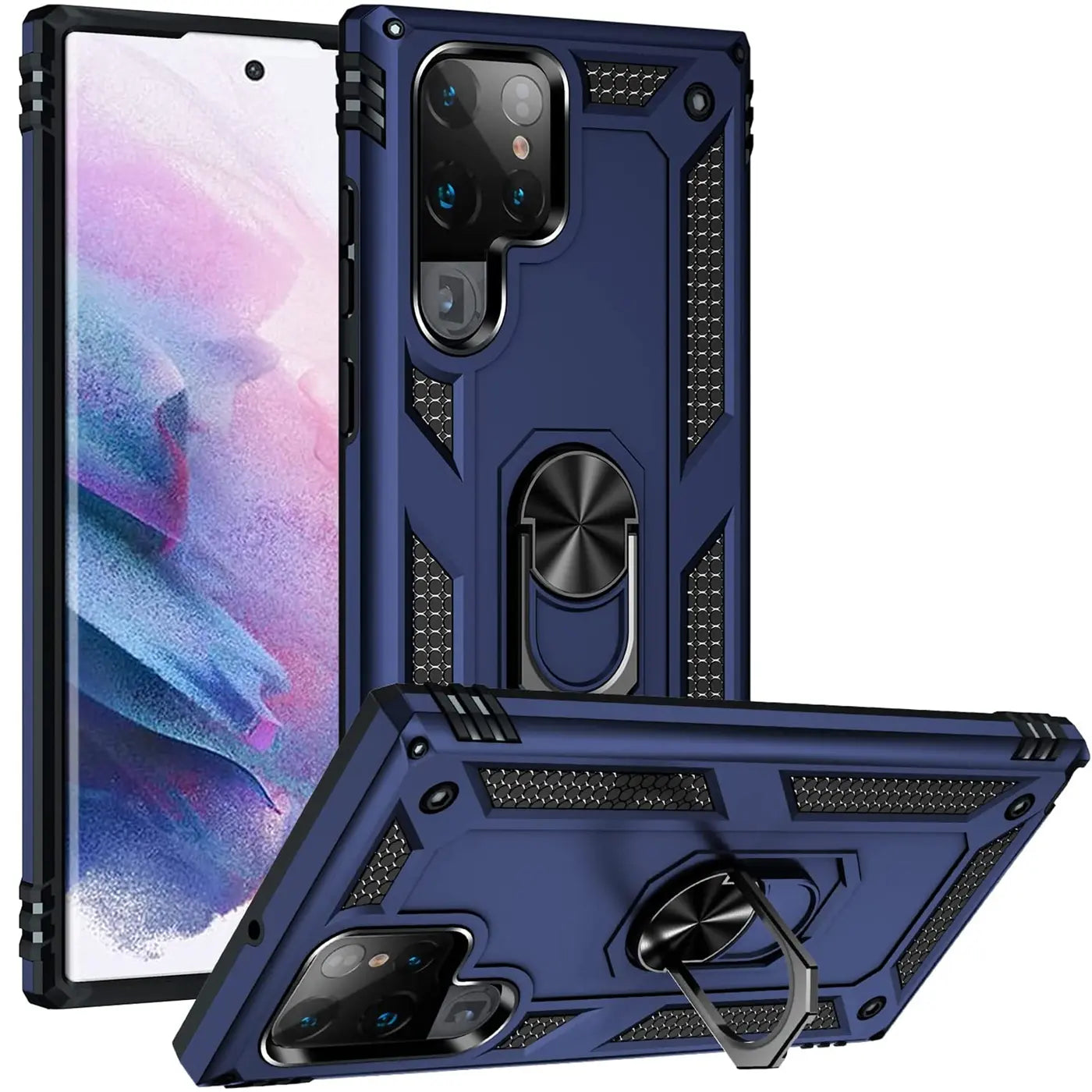 Dunkelblaue Hülle aus Kunststoff mit Ringhalter für Samsung Galaxy S23 Ultra, von vorne/oben.