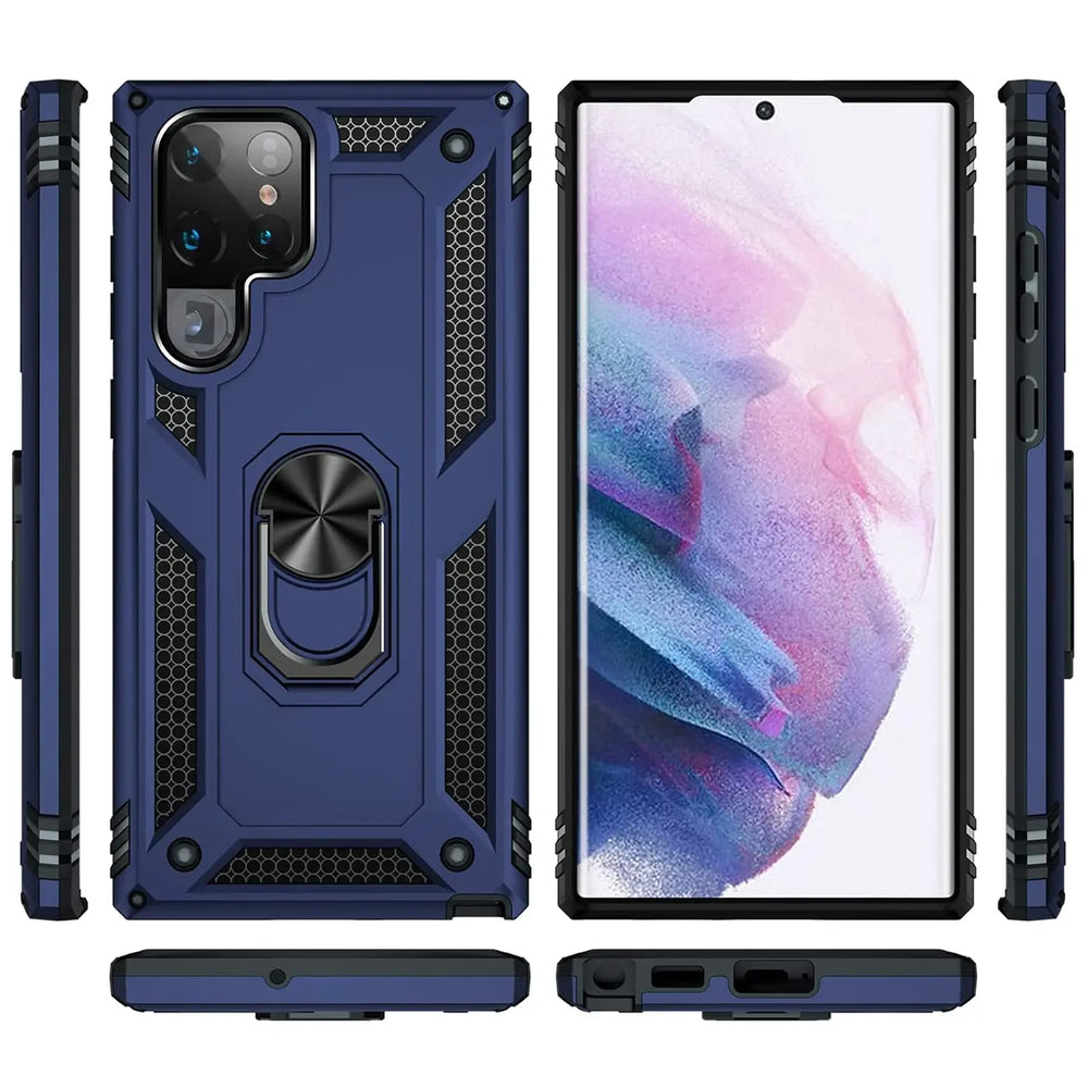 Blaue Hülle mit Ringhalter für Samsung S23 Ultra, verschiedene Ansichten, Kunststoff.