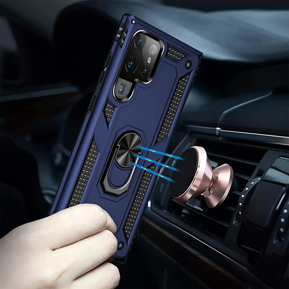 Dunkelblaue Hülle mit Ringhalter für Samsung S23 Ultra, aus Kunststoff, Seitenansicht.
