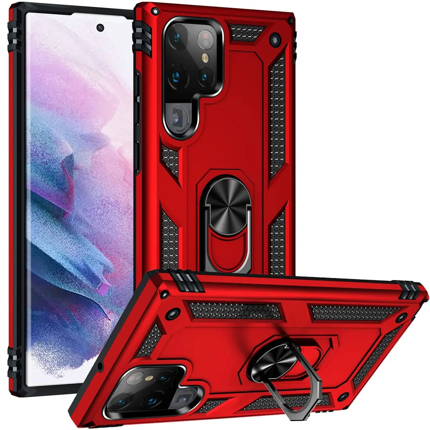 Rote Hülle mit Ringhalter für Samsung S23 Ultra, von vorne/seitlich, Metall/Kunststoff