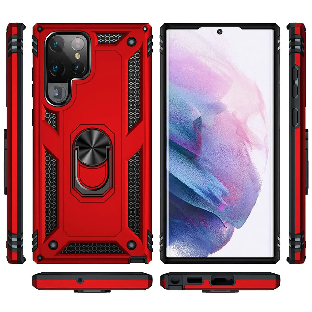 Rote Hülle mit Ringhalter für Samsung S23 Ultra, verschiedene Ansichten, Kunststoff/Metall