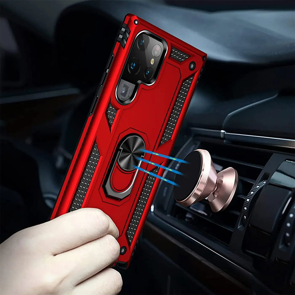 Rote Hülle mit Ringhalter für Samsung S23 Ultra, Metall/Kunststoff, Nahaufnahme, von vorne