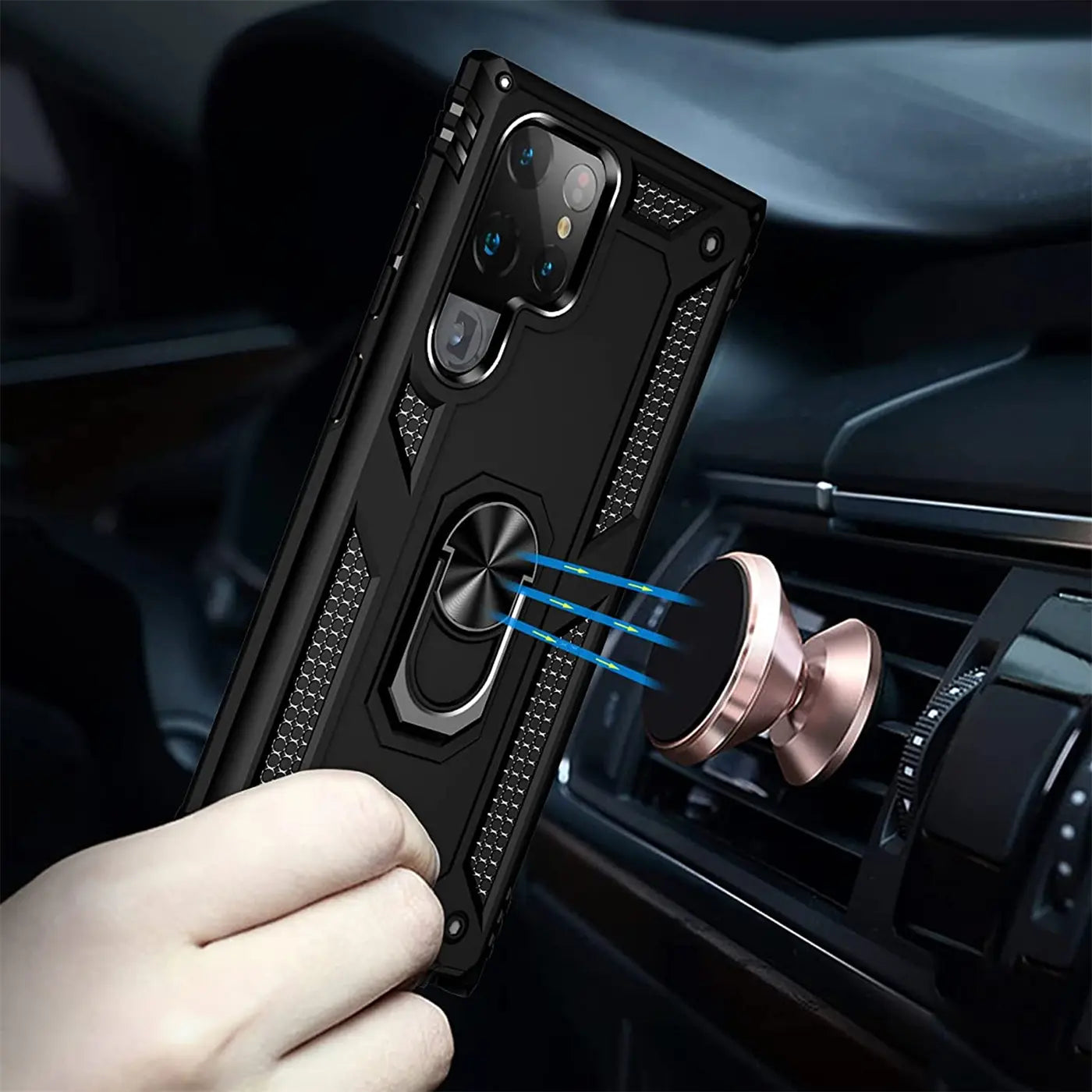 Schwarze Militärhülle mit Ringhalter für Samsung S23 Ultra, Nahaufnahme, von vorne