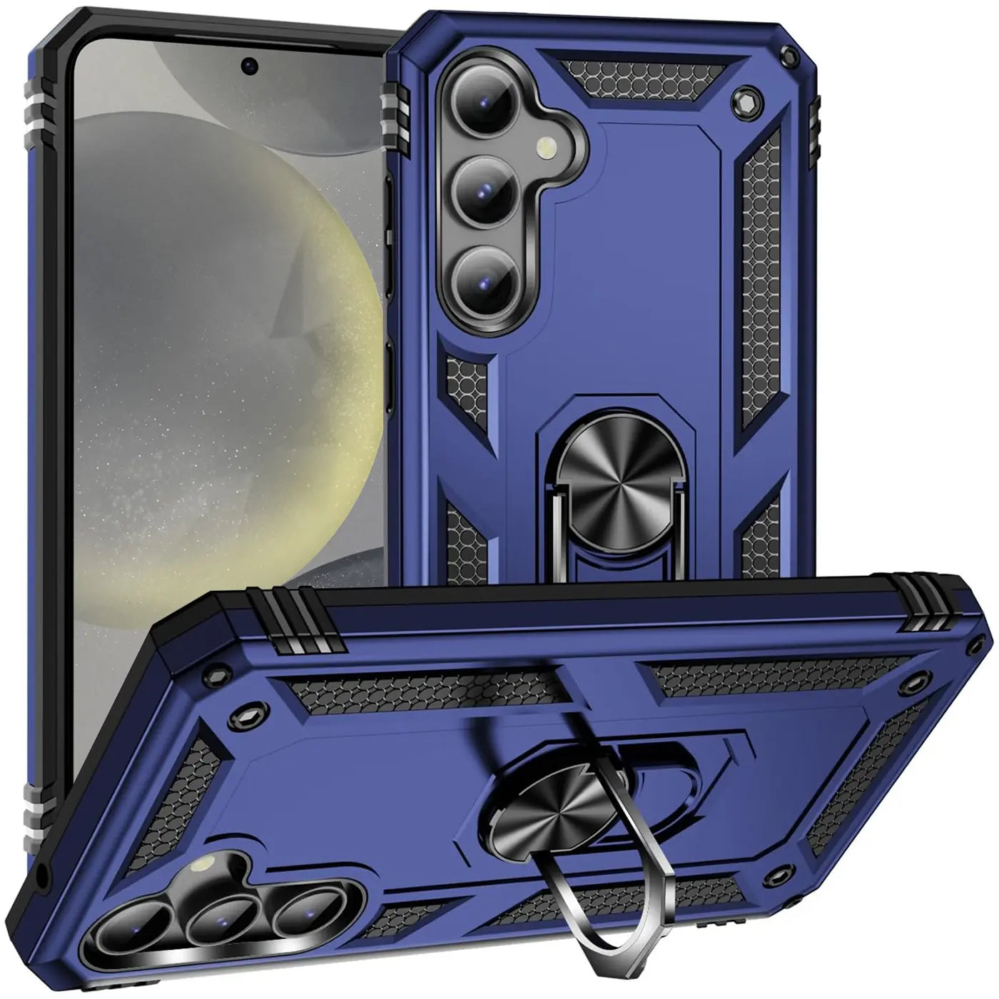 Blaue Hülle mit Ringhalter für Samsung S24, von vorne/schräg, Kunststoff.