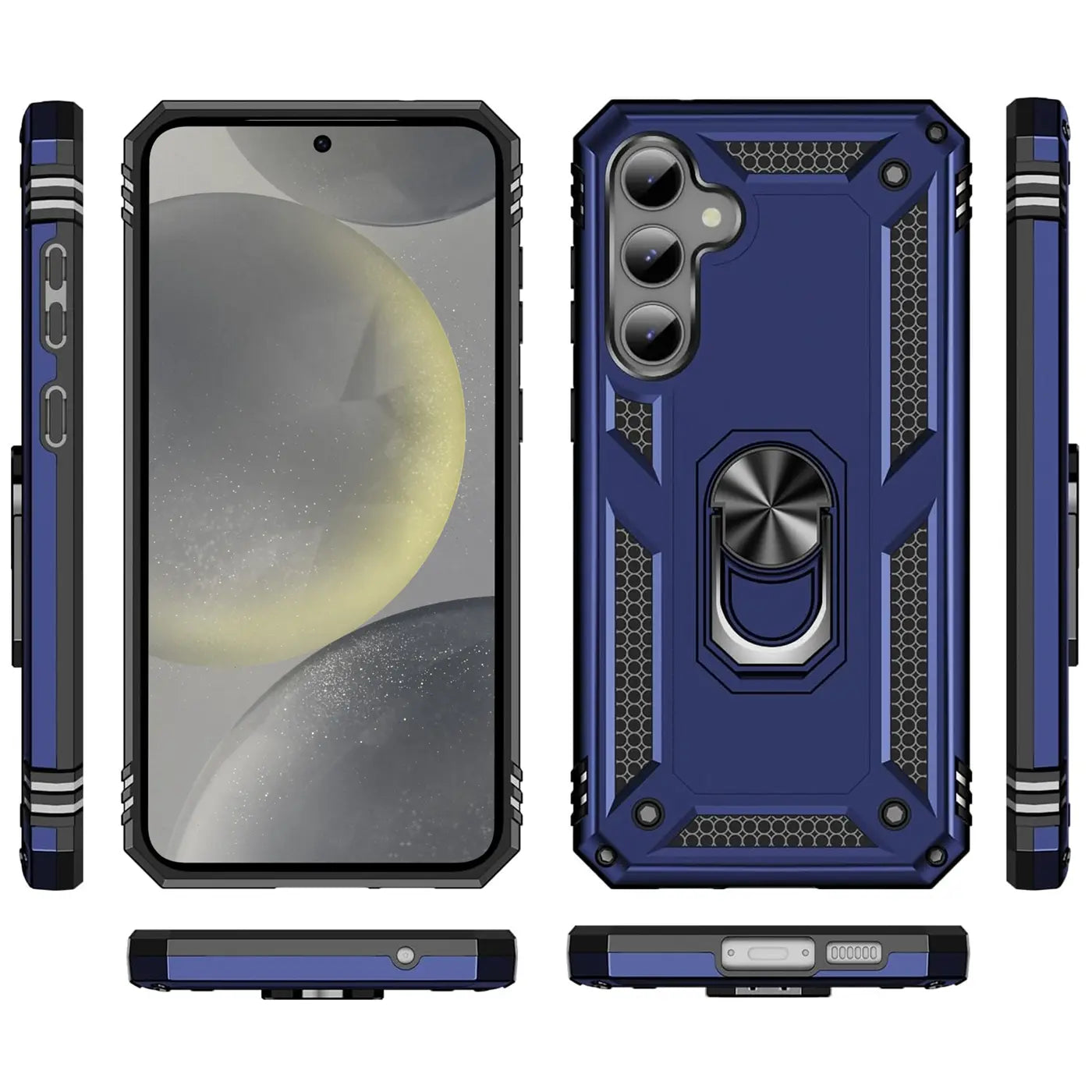 Blaue Military Hülle mit Ringhalter für Samsung Galaxy S24 FE, verschiedene Ansichten.
