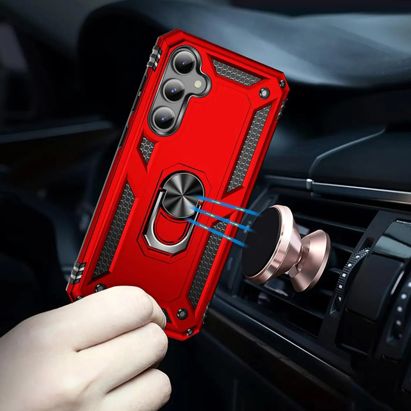 Rote Hülle mit Ringhalter für Samsung S24 FE, aus Kunststoff, Nahaufnahme, von vorne.