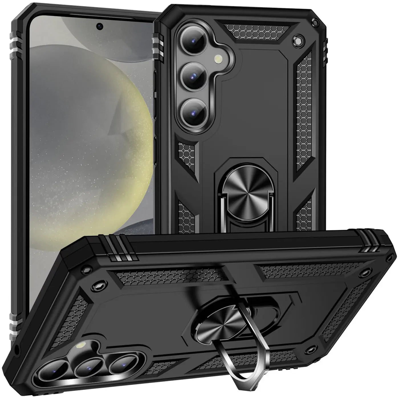 Schwarze Militärhülle aus Kunststoff mit Ringhalter für Samsung Galaxy S24 FE, von vorne schräg