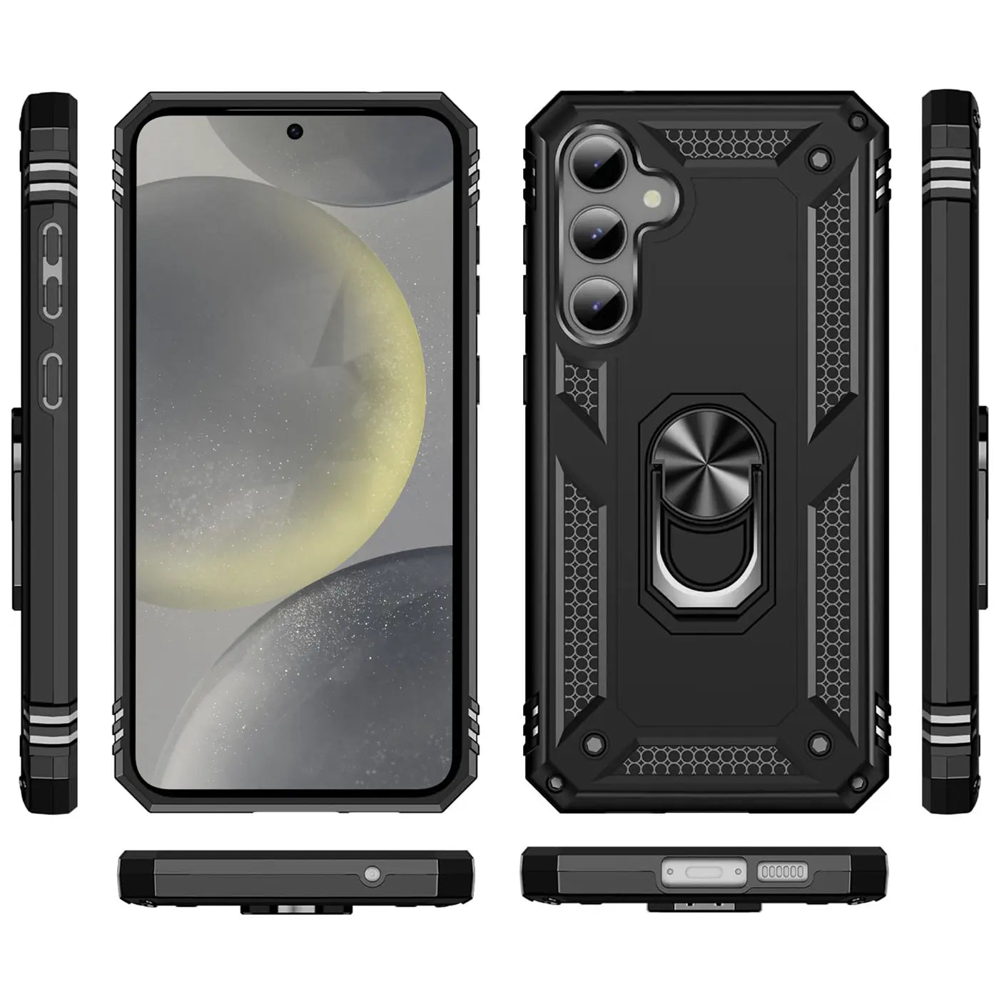 Schwarze Militärhülle mit Ringhalter für Samsung Galaxy S24 FE, verschiedene Ansichten.