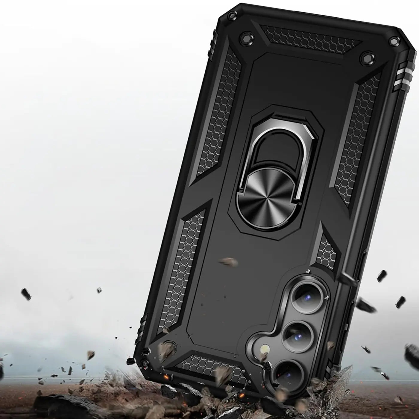 Schwarze Militärhülle mit Ringhalter für Samsung Galaxy S24 FE, von schräg unten gesehen.