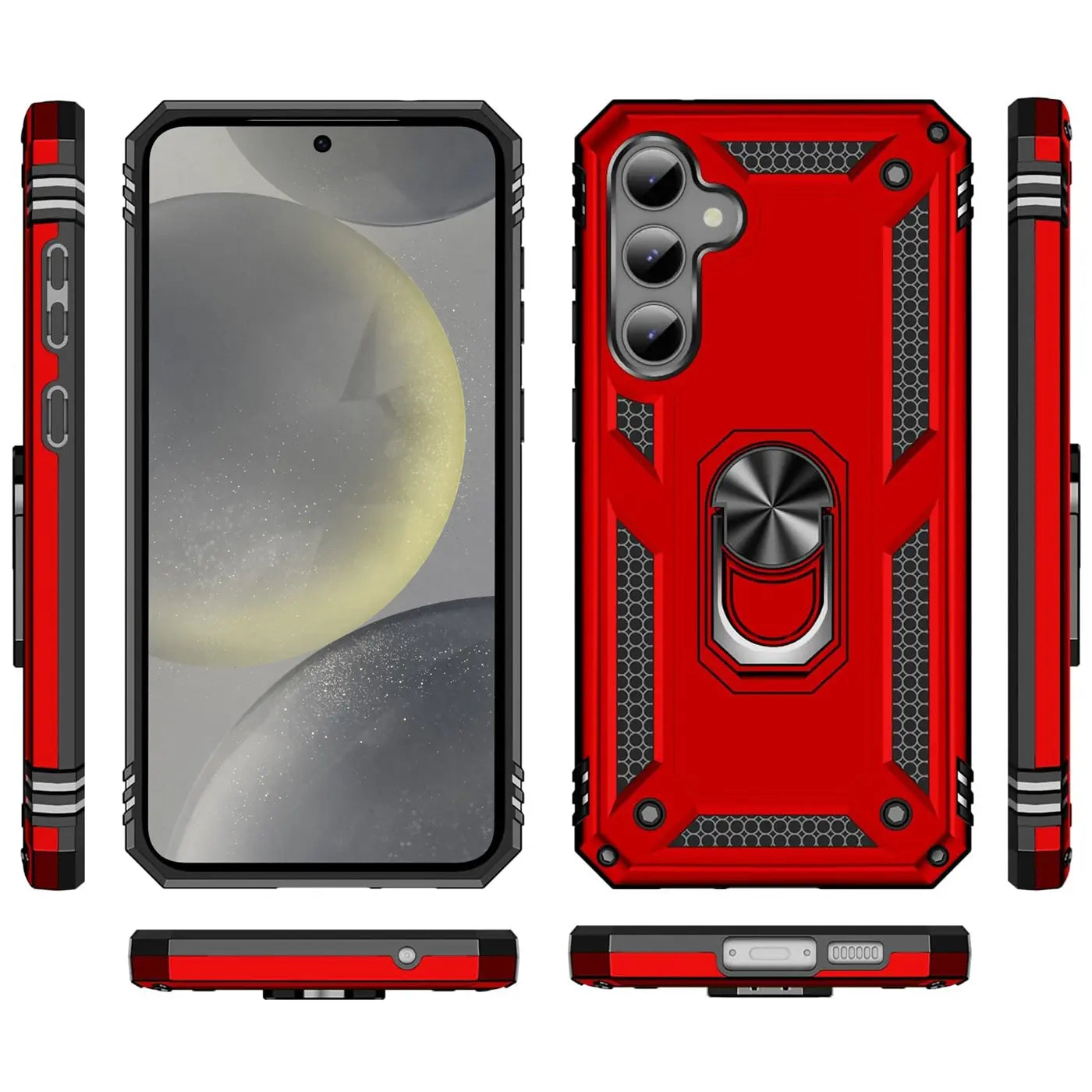 Rote Military Hülle mit Ringhalter für Samsung S24, verschiedene Ansichten.