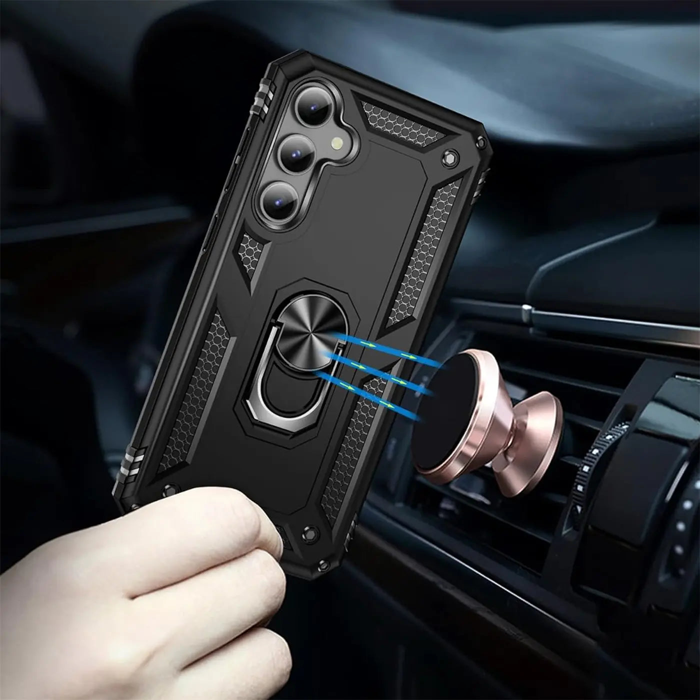 Schwarze Hülle mit Ringhalter für Samsung S24, von vorne, magnetisch.