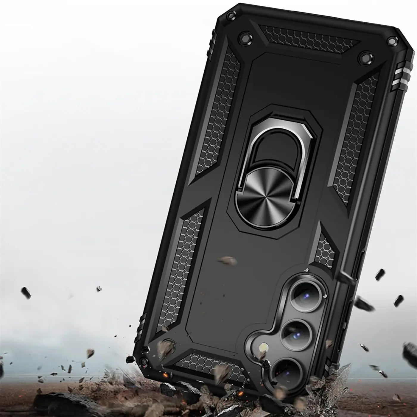 Schwarze Militärhülle aus Kunststoff mit Ringhalter für Samsung S24, von schräg unten