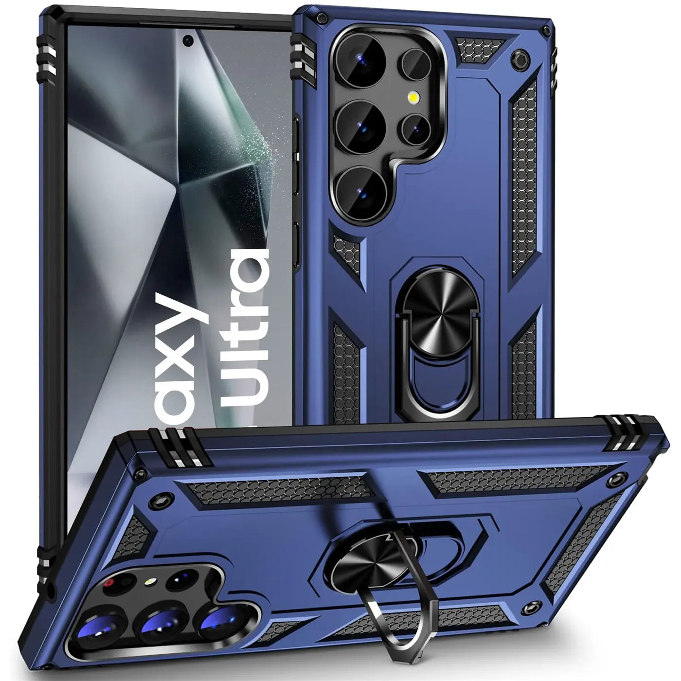 Blaue Hülle aus Kunststoff/Metall mit Ringhalter für Samsung S24 Ultra, von vorne/oben