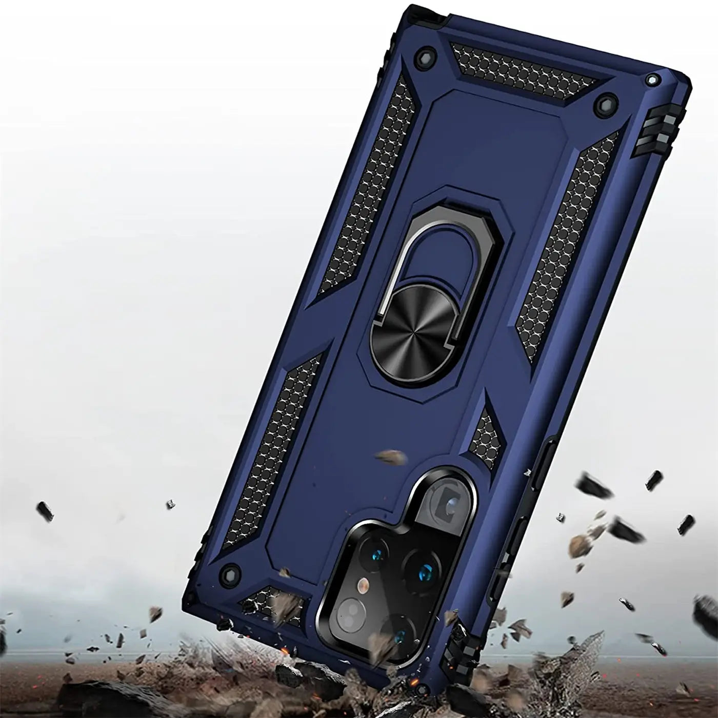 Dunkelblaue Militärhülle aus Kunststoff mit Ringhalter für Samsung S24 Ultra, von schräg oben