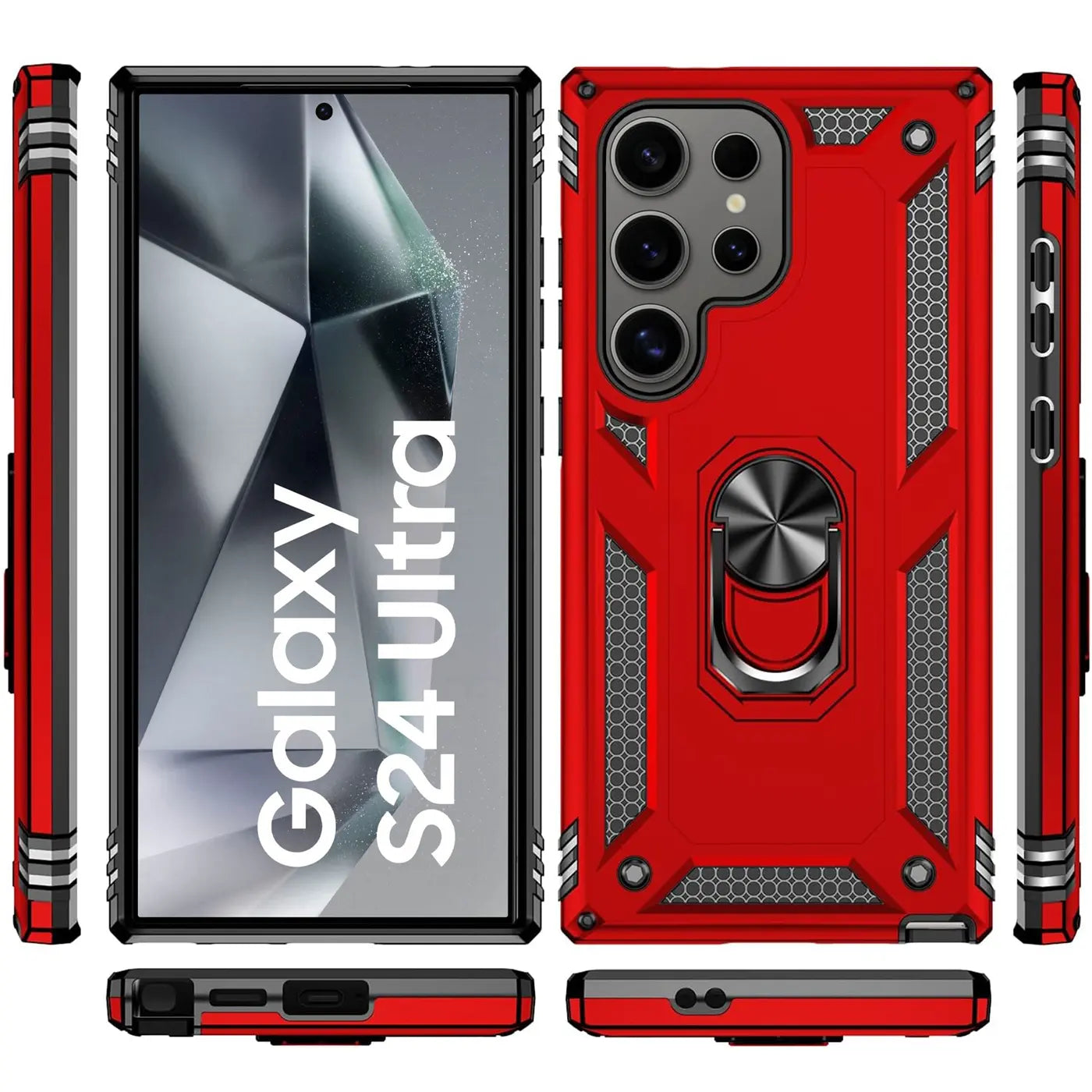 Rote Hülle mit Ringhalter für Samsung S24 Ultra, aus Kunststoff, verschiedene Ansichten.