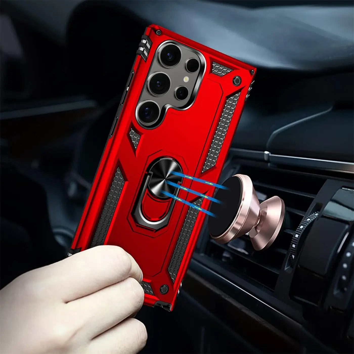 Rote Hülle mit Ringhalter für Samsung S24 Ultra, Metall/Kunststoff, Nahaufnahme