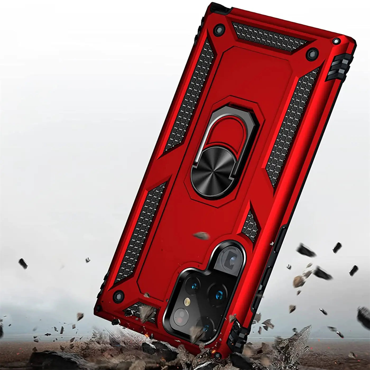 Rote Hülle mit Ringhalter für Samsung S24 Ultra, von schräg oben, mit Kameraausschnitt.