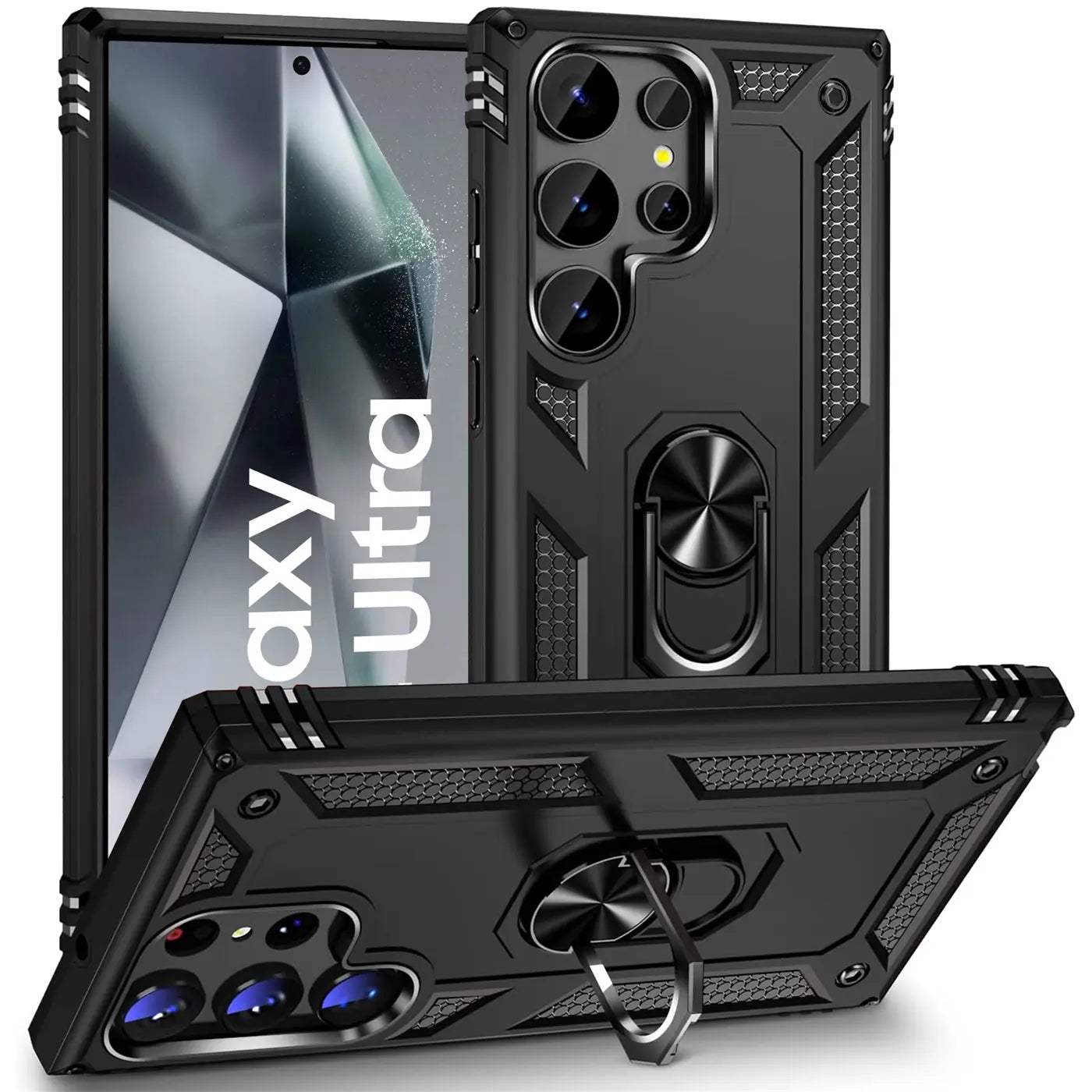 Schwarze Militärhülle aus Kunststoff mit Ringhalter für Samsung Galaxy S24 Ultra, von vorne/oben.