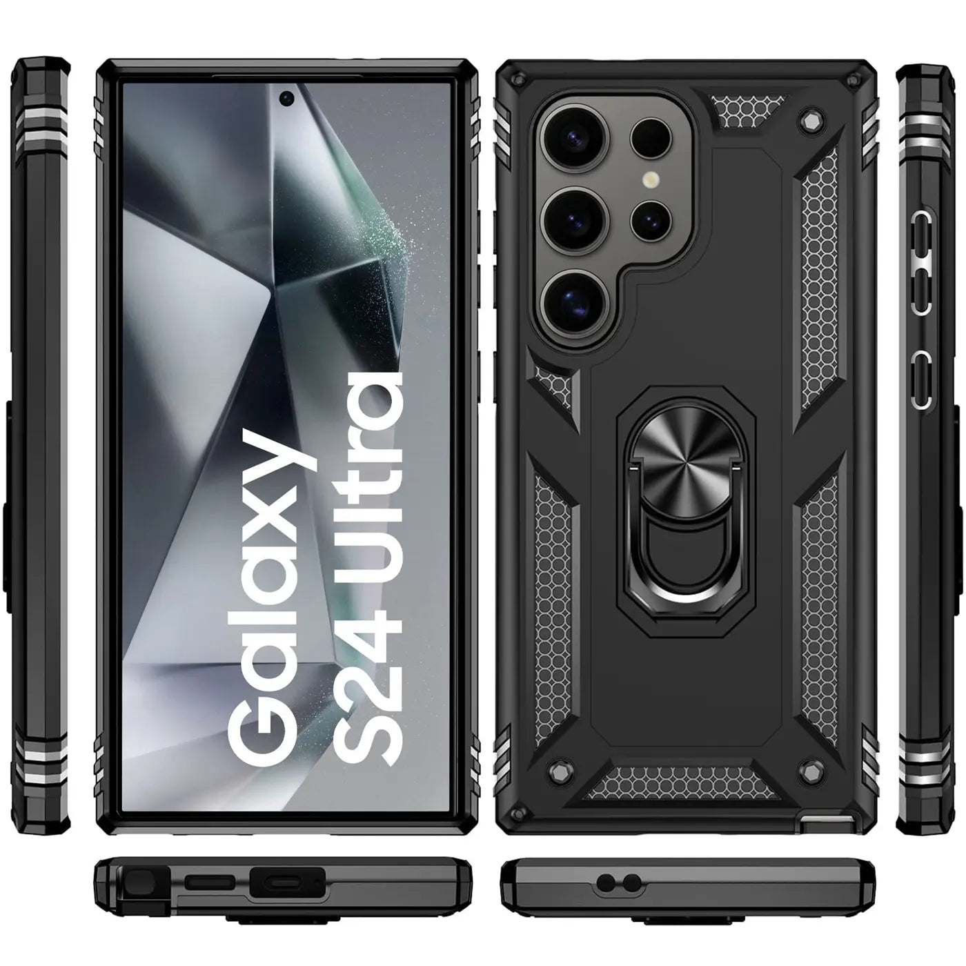 Schwarze Militärhülle mit Ringhalter für Samsung Galaxy S24 Ultra, verschiedene Ansichten.
