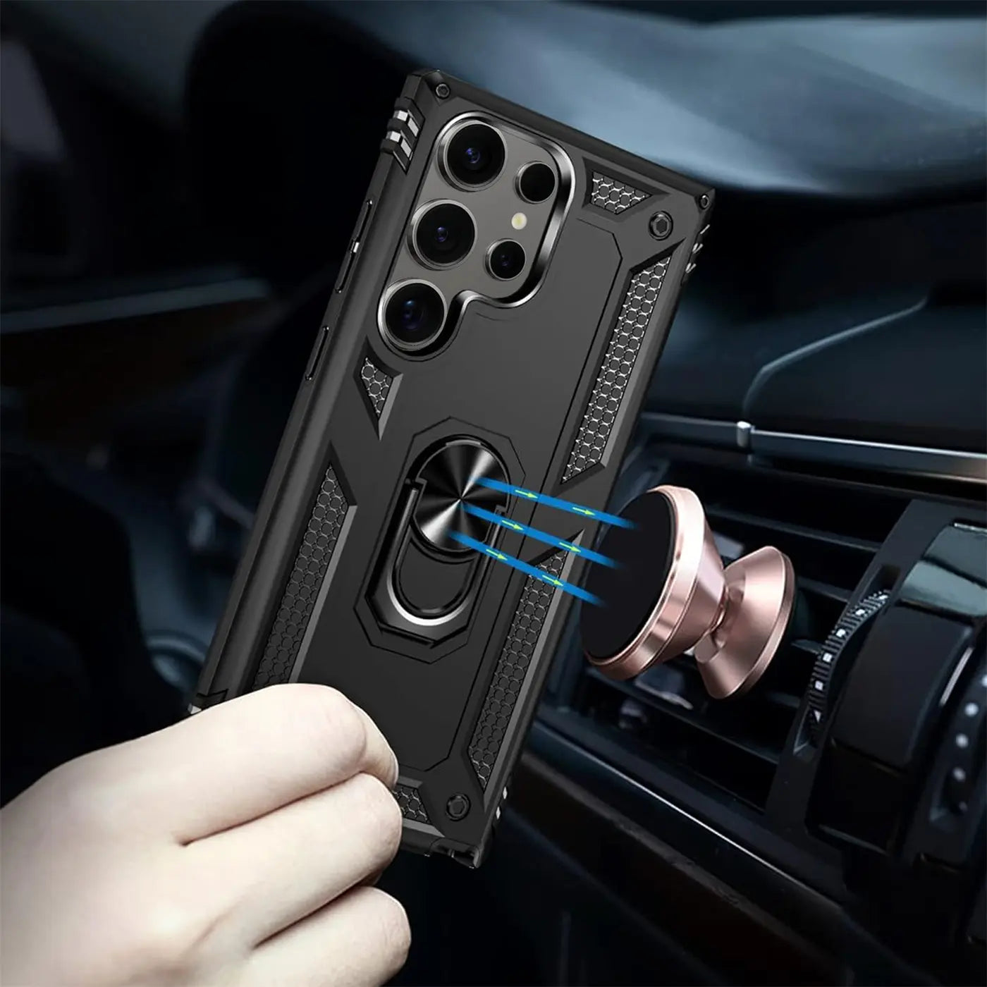 Schwarze Militärhülle mit Ringhalter für Samsung S24 Ultra, Nahaufnahme, von vorne