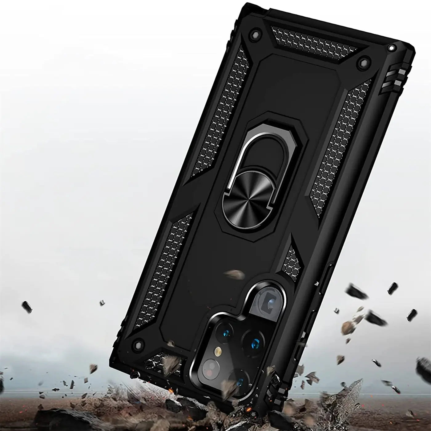 Schwarze Militärhülle mit Ringhalter für Samsung S24 Ultra, von schräg oben