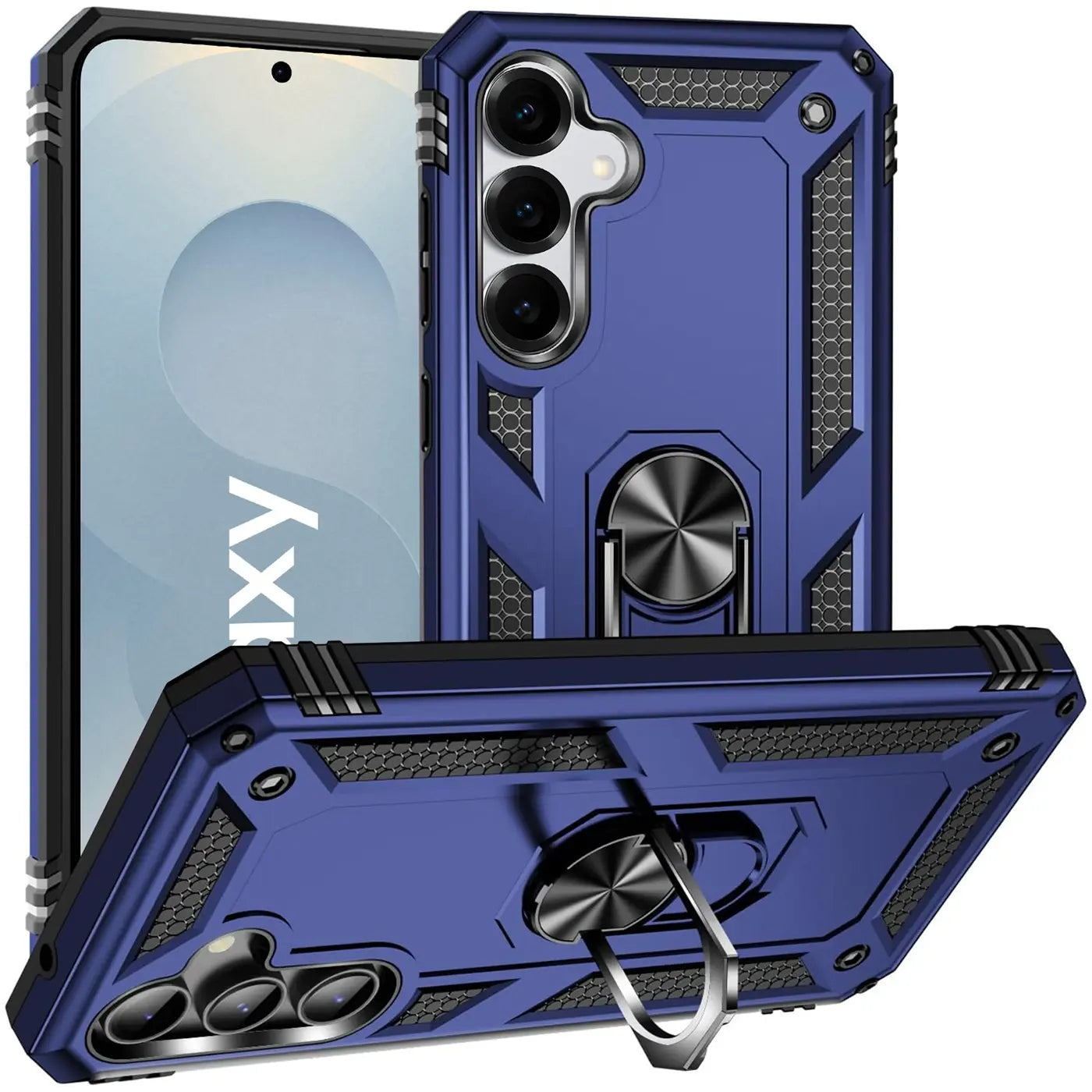 Blaue Militärhülle mit Ringhalter für Samsung Galaxy S25, aus Kunststoff, von vorne schräg