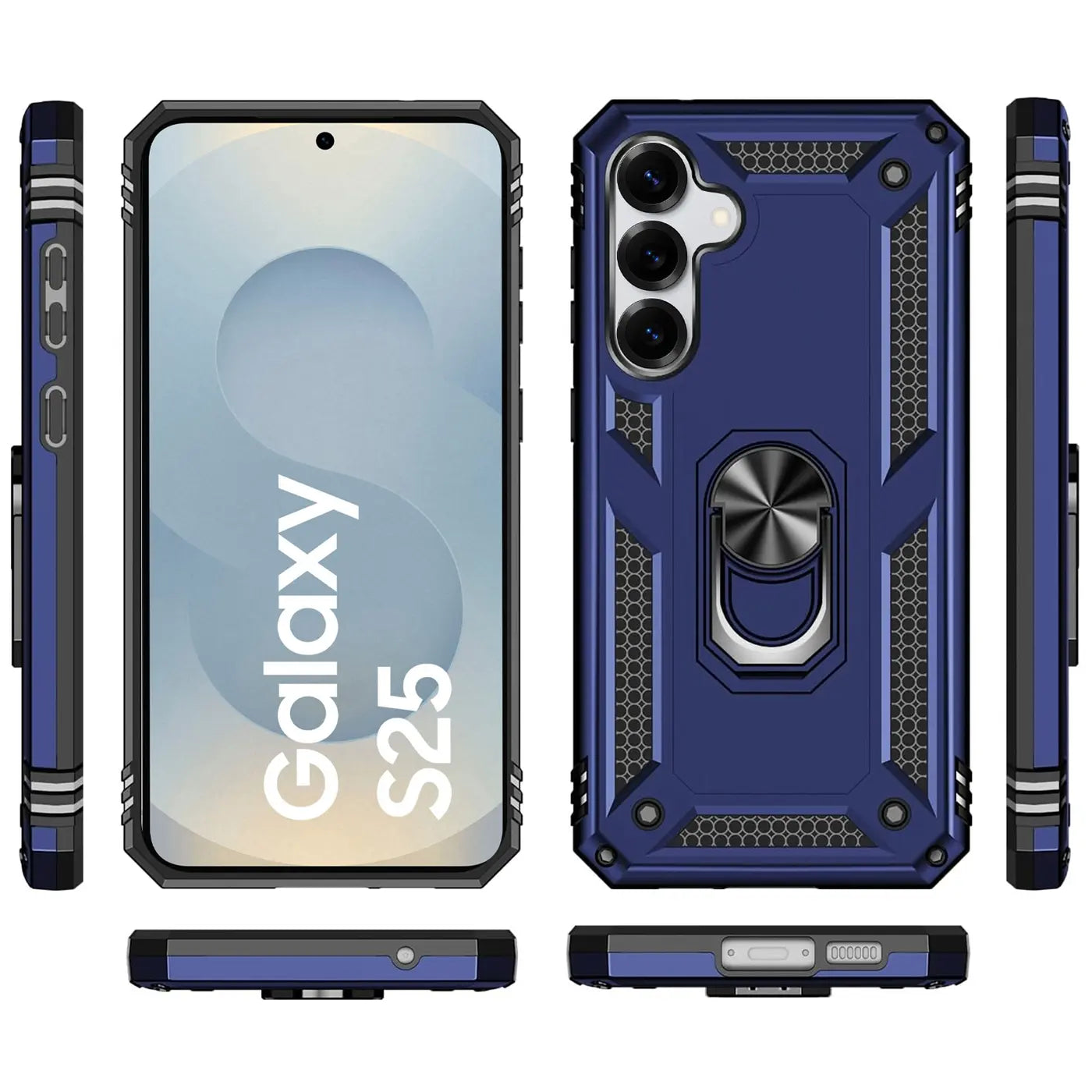 Dunkelblaue Hülle mit Ringhalter für Samsung Galaxy S25, verschiedene Ansichten.