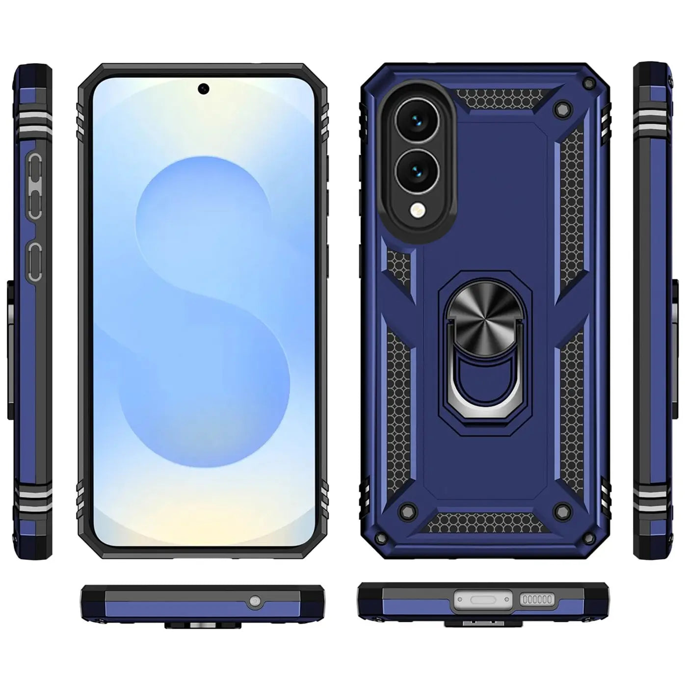 Blaue Hülle mit Ringhalter für Samsung Galaxy S25 Edge, verschiedene Ansichten.