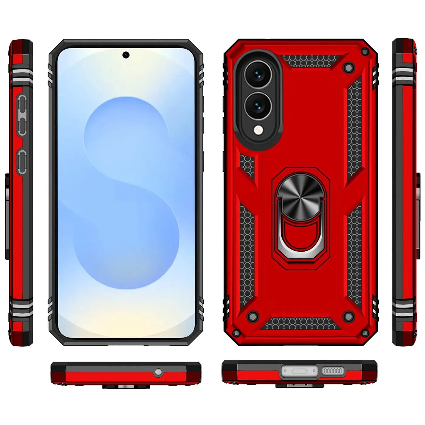 Rote Hülle mit Ringhalter, Vorder- und Rückansicht, für Samsung Galaxy S25 Edge.