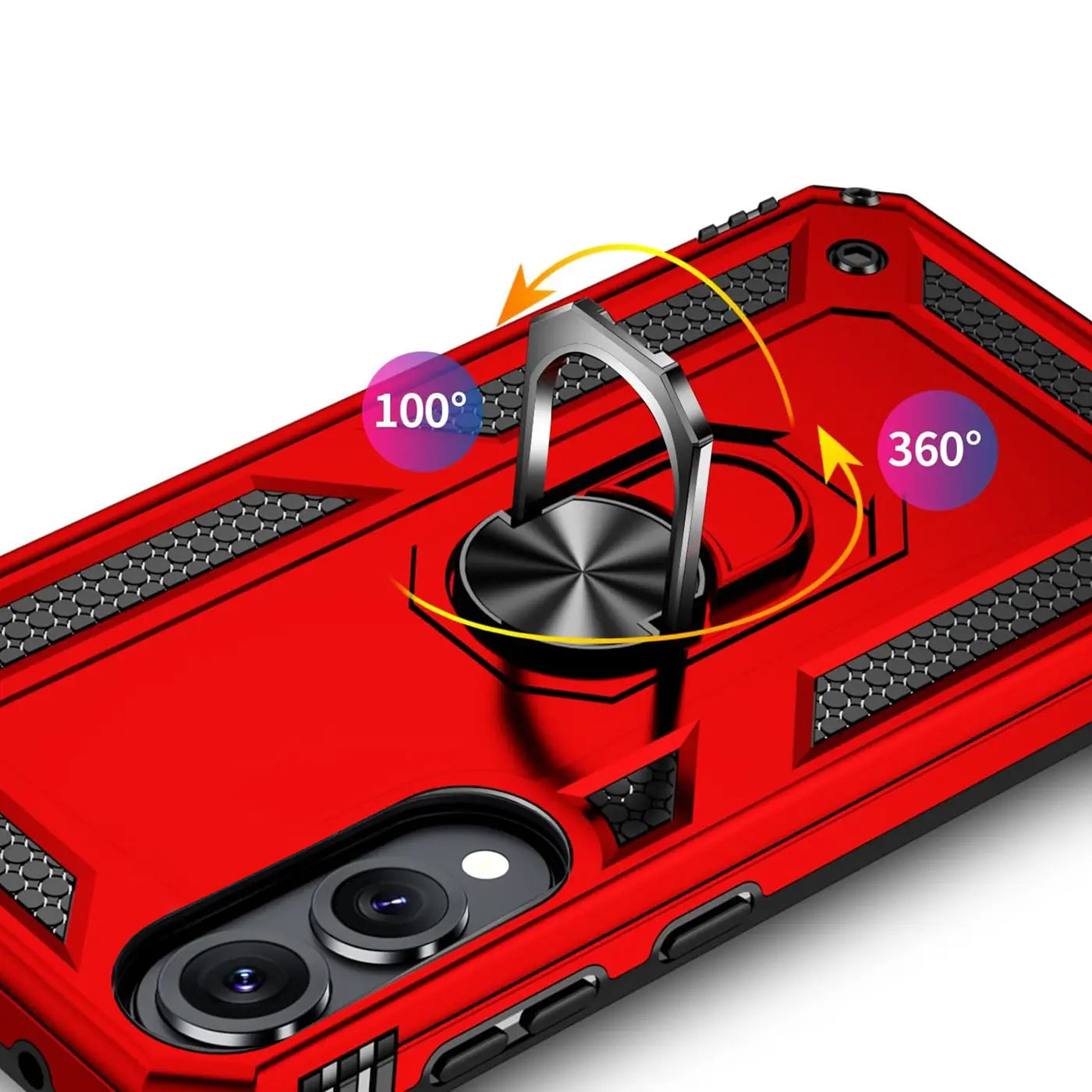 Rote Handyhülle aus Kunststoff mit Metallringhalter, Nahaufnahme, Samsung S25 Edge erkennbar.
