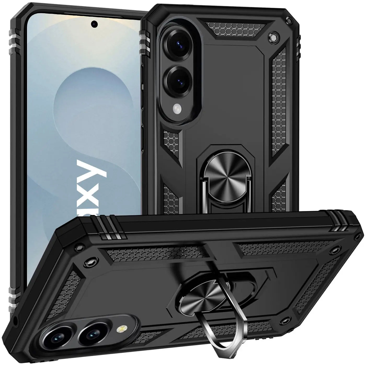 Schwarze Militärhülle aus Kunststoff mit Ringhalter für Samsung Galaxy S25 Edge, Seitenansicht.