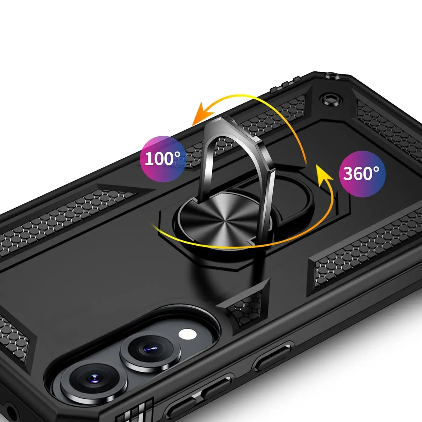 Schwarze Hülle mit Ringhalter auf Samsung S25 Edge, Seitenansicht.