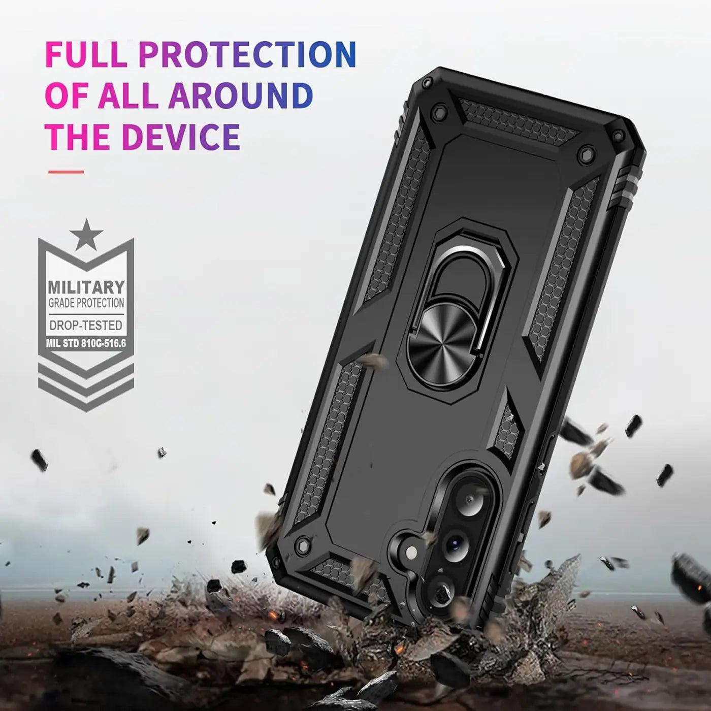 Schwarze Militärhülle mit Ringhalter für Samsung Galaxy S25 Edge, von unten schräg gezeigt.