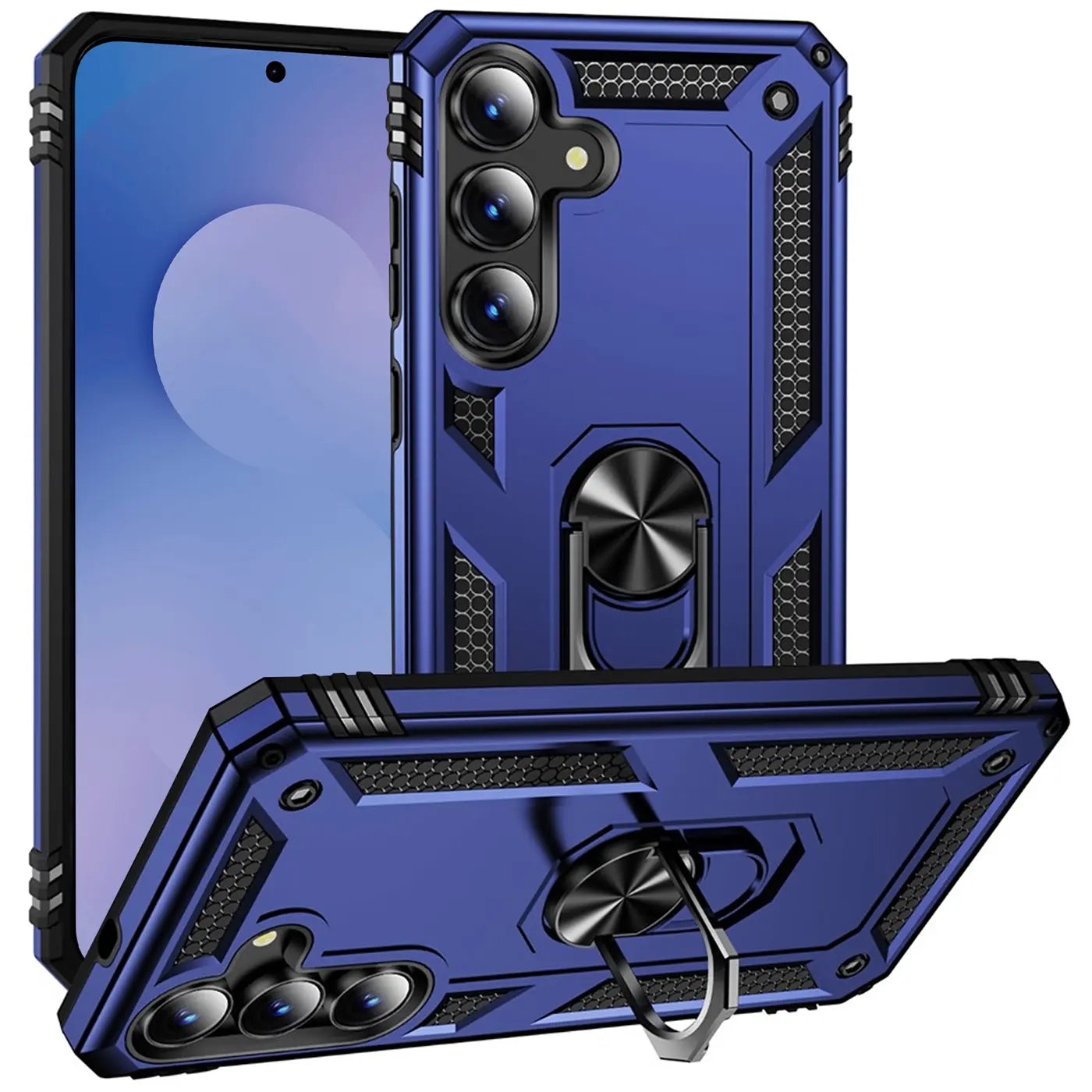 Blaue Hülle mit Ringhalter für Samsung Galaxy S25 FE, aus Kunststoff, von vorne und schräg.