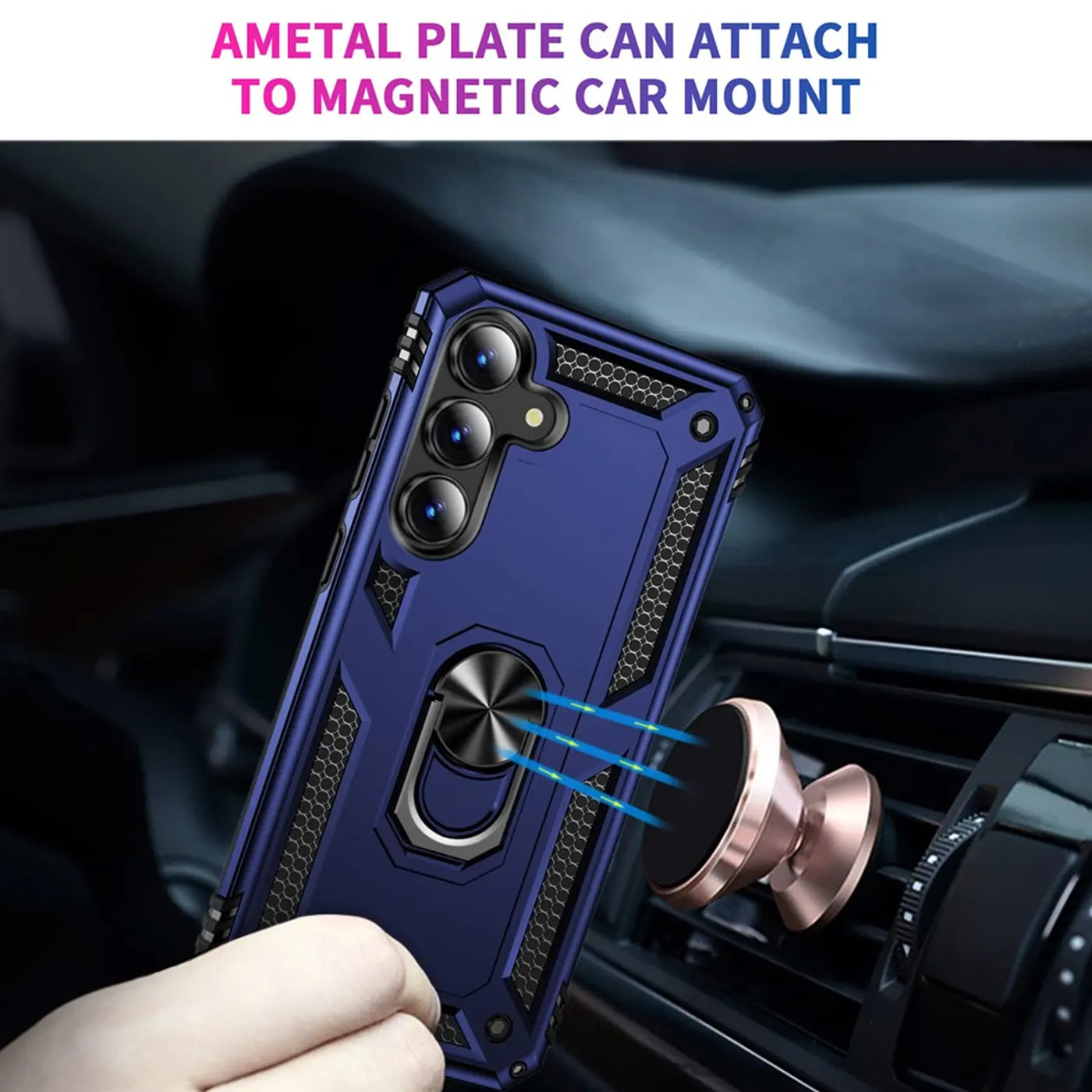Dunkelblaue Hülle mit Ringhalter, auf einem Samsung S25 FE, wird an Magnet gehalten.