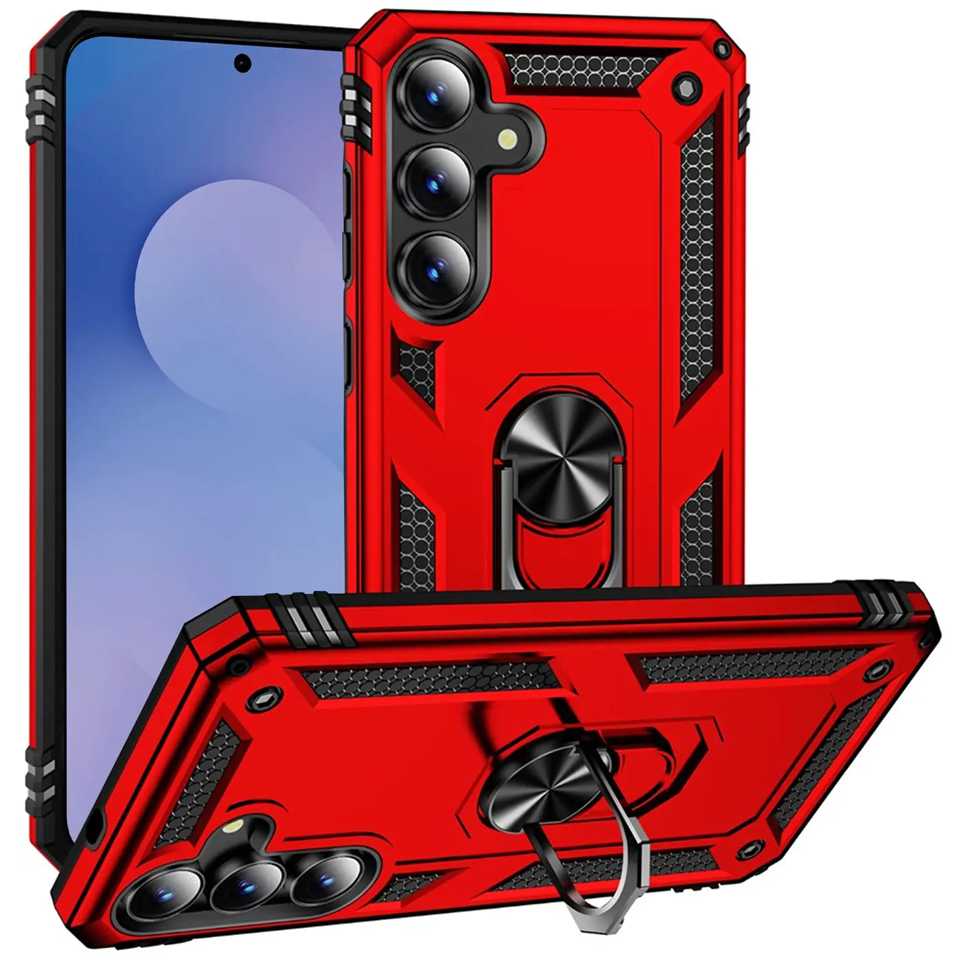 Rote Military-Hülle mit Ringhalter für Samsung Galaxy S25 FE, aus Kunststoff, von vorne/schräg.