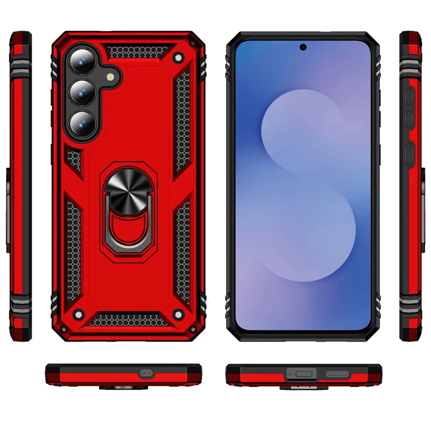 Rote Hülle aus Kunststoff mit Ringhalter für Samsung Galaxy S25 FE, Rückansicht.