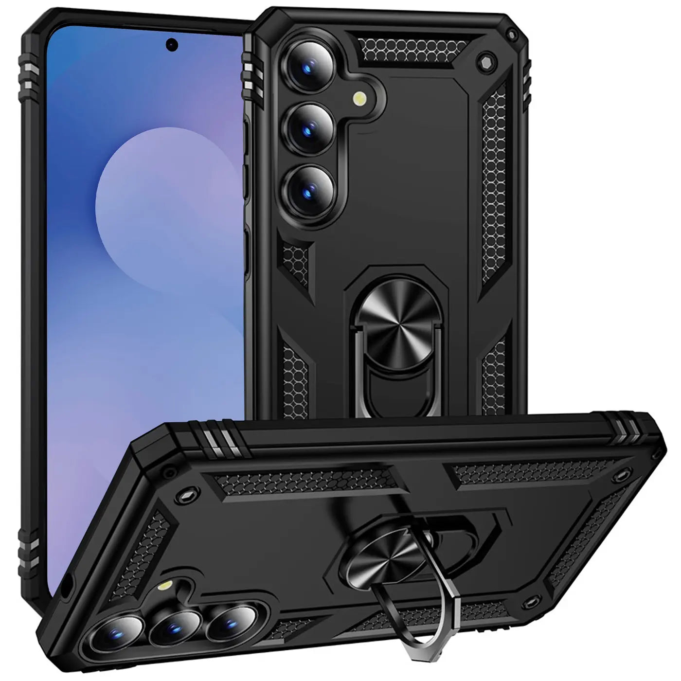 Schwarze Militärhülle aus Kunststoff mit Ringhalter für Samsung Galaxy S25 FE, von vorne/seitlich.