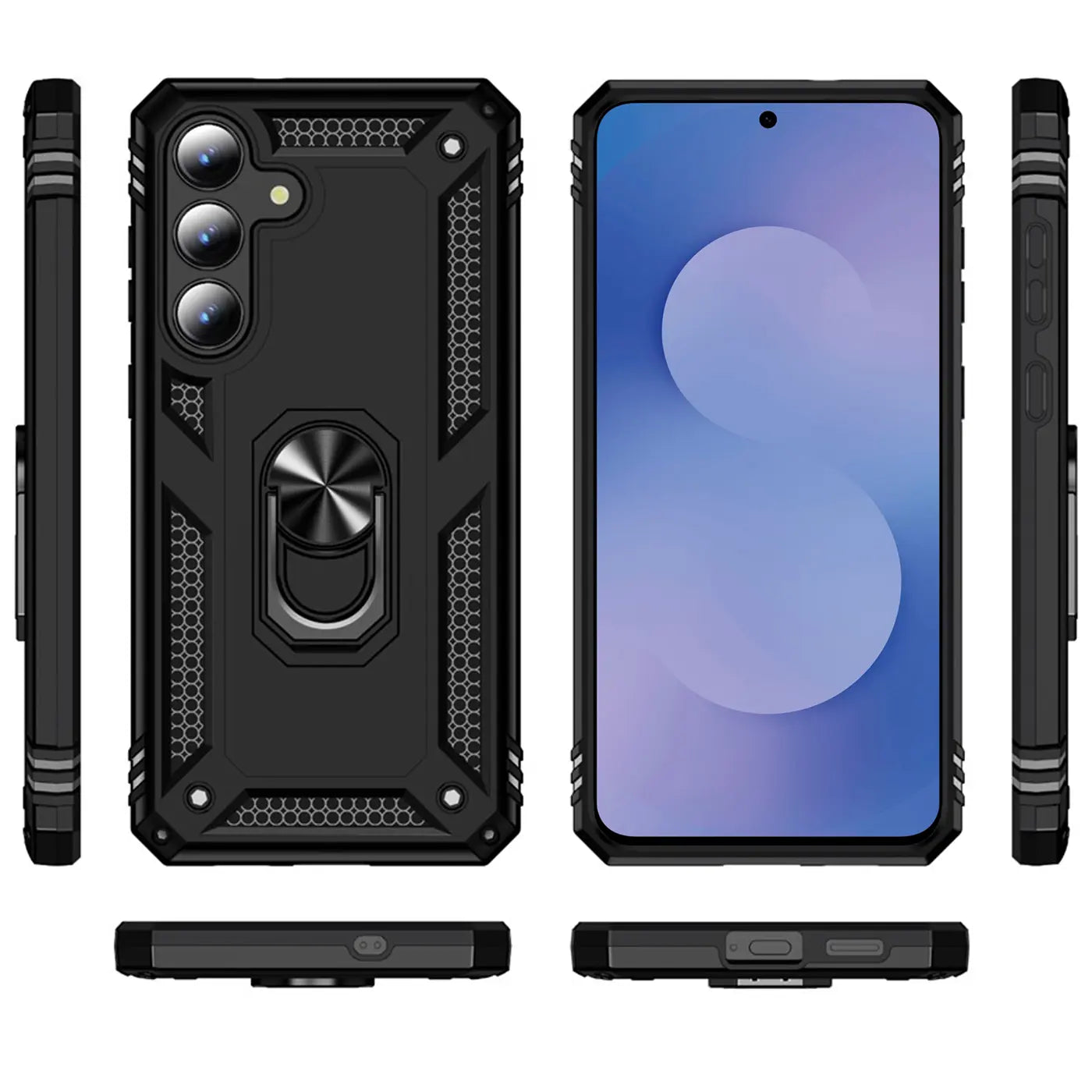 Schwarze Military-Hülle mit Ringhalter für Samsung Galaxy S25 FE, verschiedene Ansichten.