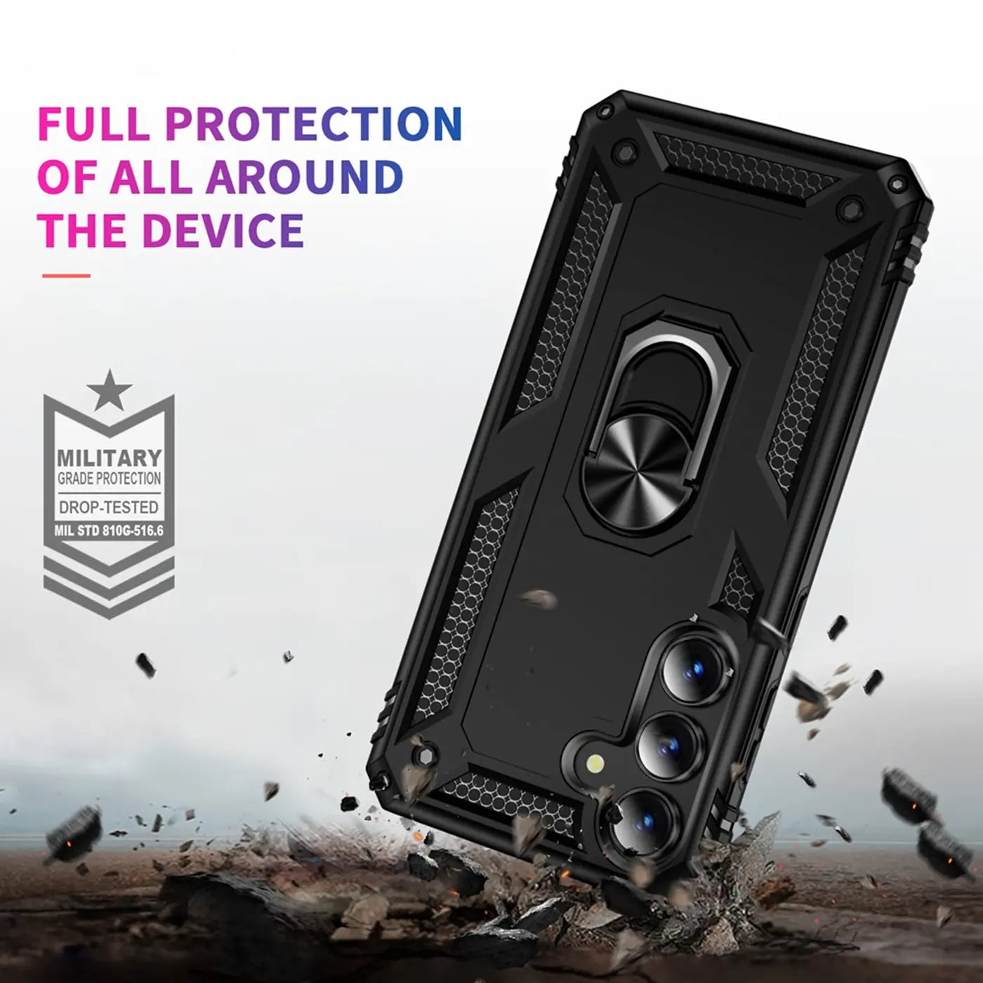 Schwarze Militär-Hülle mit Ringhalter für Samsung Galaxy S25 FE, von schräg oben gesehen.