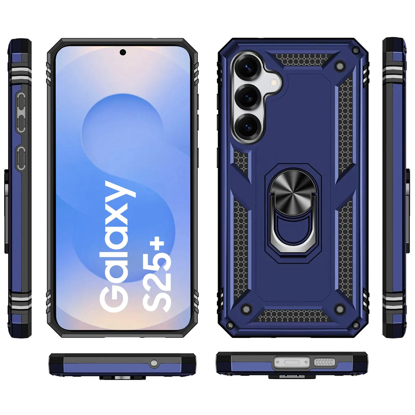 Dunkelblaue Hülle mit Ringhalter für Samsung Galaxy S25+, verschiedene Ansichten.