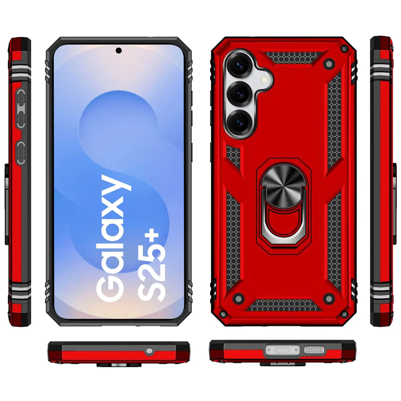 Rote Military Hülle mit Ringhalter für Samsung Galaxy S25 Plus, Vorder- und Rückansicht