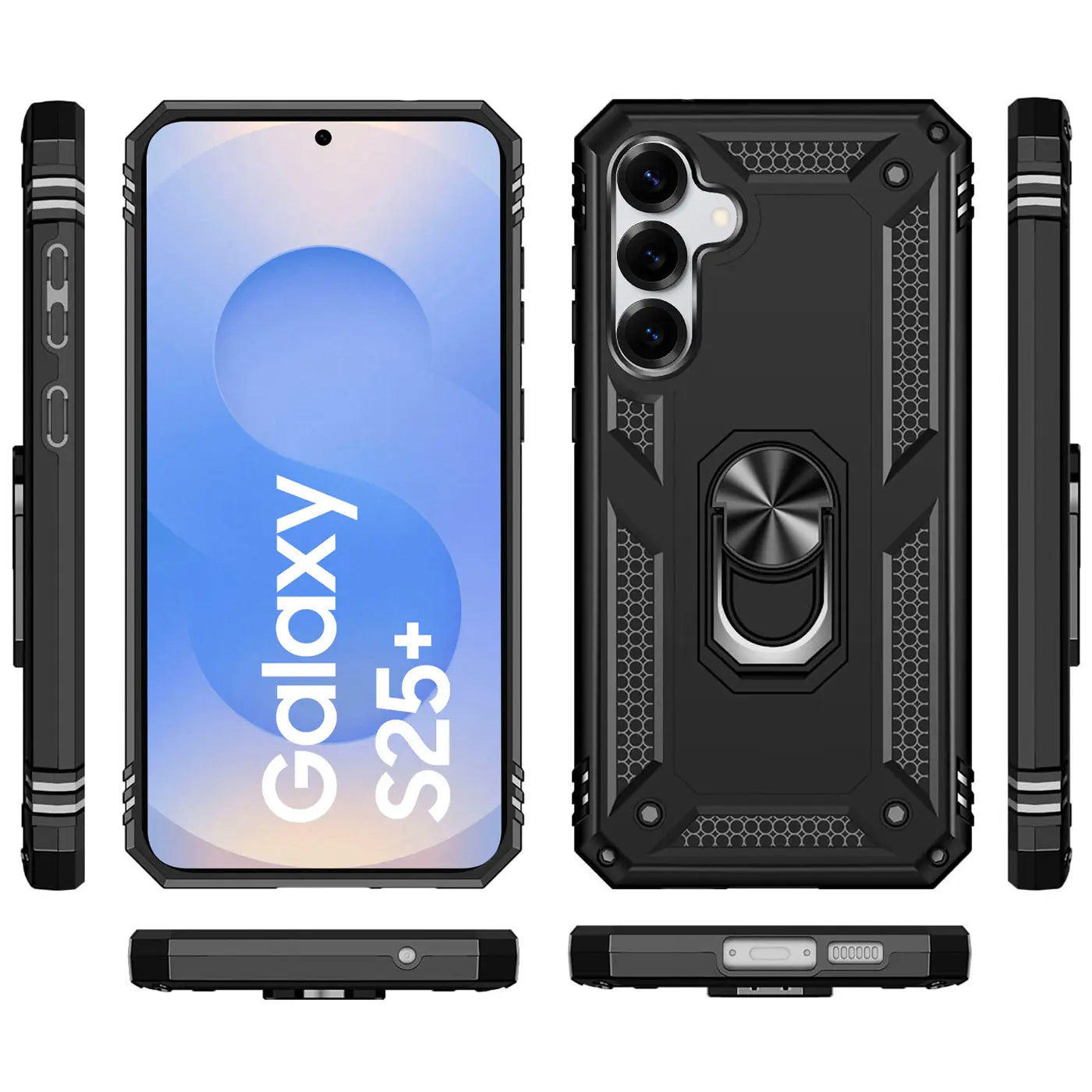 Schwarze Military Hülle mit Ringhalter für Samsung Galaxy S25 Plus, verschiedene Ansichten