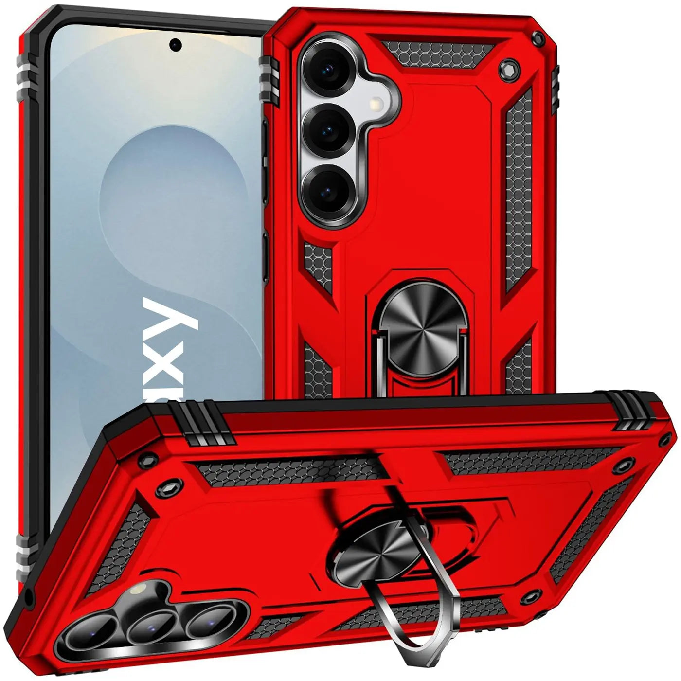 Rote Military-Hülle mit Ringhalter für Samsung Galaxy S25, aus Kunststoff, aus mehreren Winkeln gezeigt.