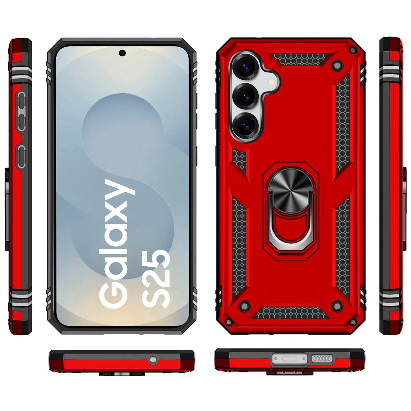 Rote Military-Hülle mit Ringhalter für Samsung Galaxy S25, von vorne und Seite