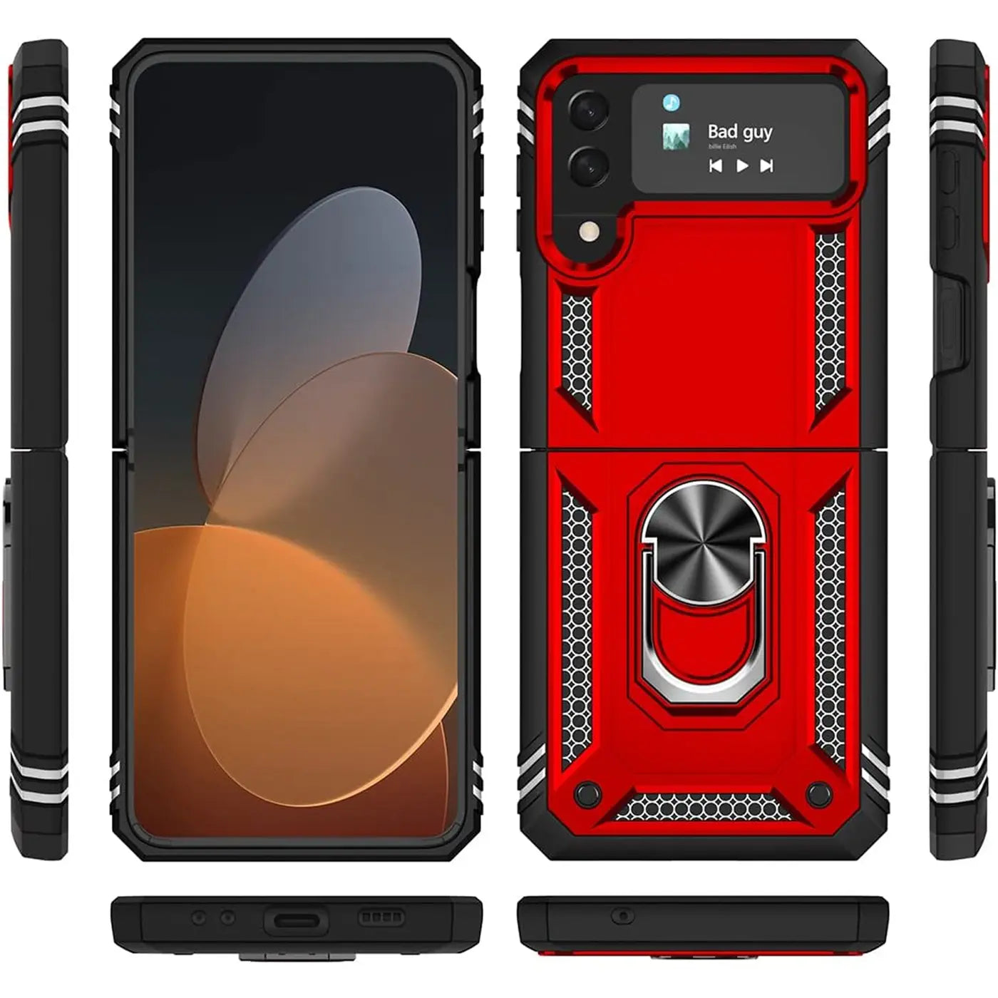 Rote und schwarze Hülle mit Ringhalter für Samsung Galaxy Z Flip 3, Vorder- und Rückansicht