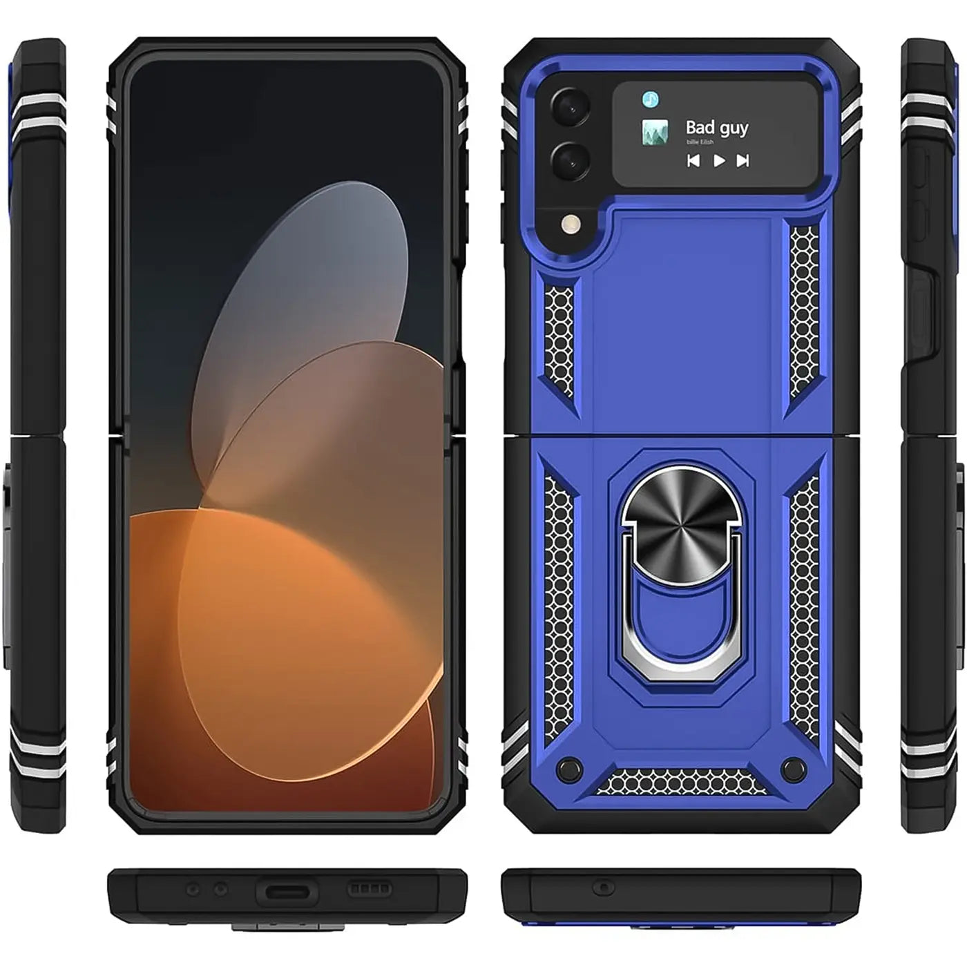 Samsung Galaxy Z Flip 4 Hülle, blau, robust, mit Ringhalter, verschiedene Ansichten